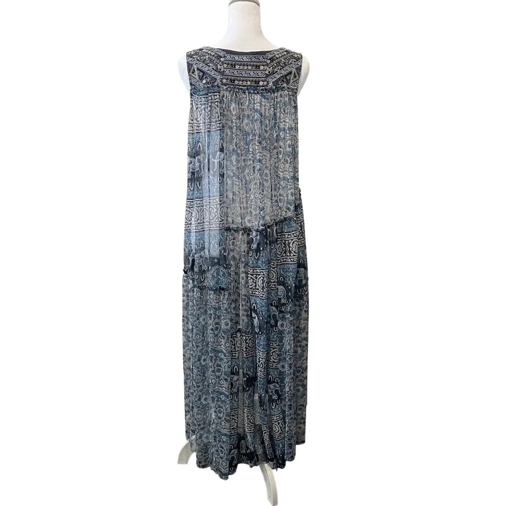 Free People Wanderers Midi Dress Blue Women's Medium Elephant Sheer Boho Coverup